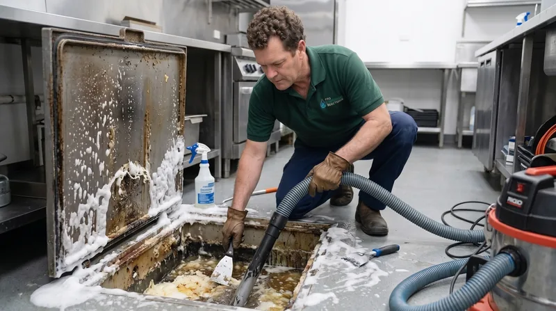 Limpeza e higienização de caixa de gordura em cozinha comercial