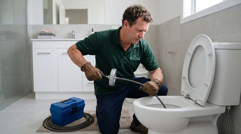 Profissional desentupindo vaso sanitário com fio de aço flexível